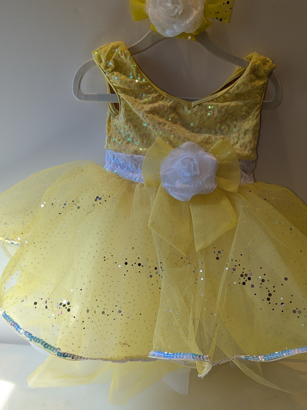 Adorable Weissman Yellow Sequin Tulle Dance Costume with White Flower & Hair Bow